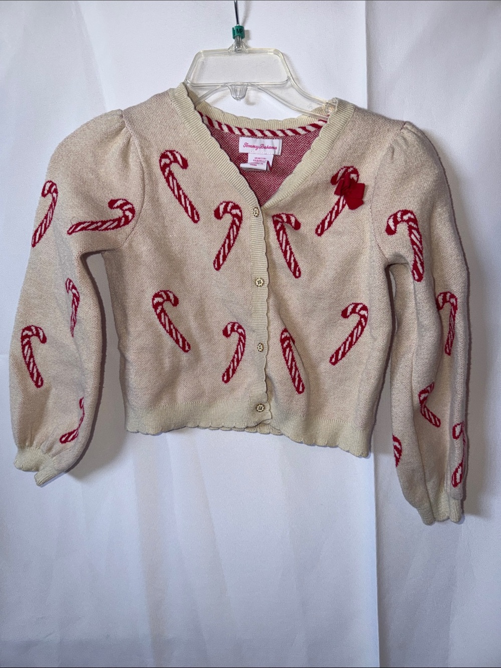 Cream Cropped Cardigan with Red Candy Canes